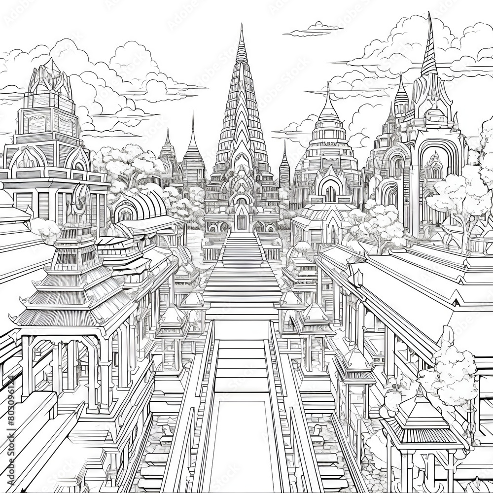 An illustration of a fantasy city with many tall buildings and towers for coloring page