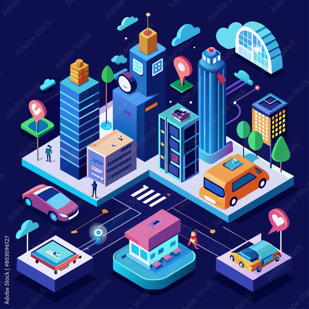isometric city in the city, isometric designs of smart city technologies