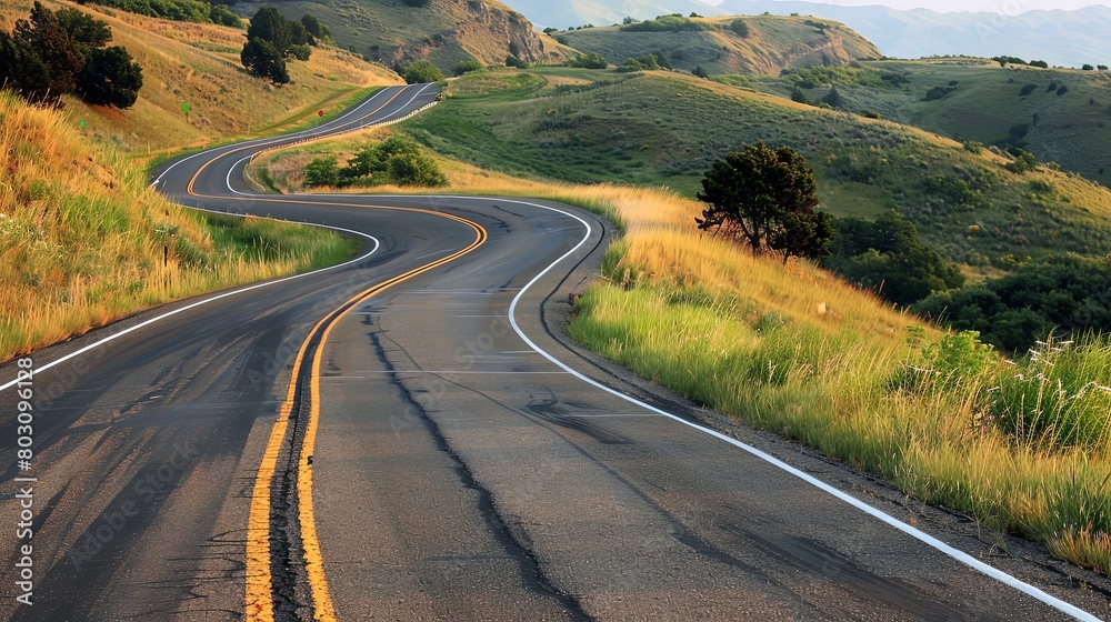 Bend in the road: A curving highway disappearing into the horizon, inviting drivers to explore its meandering path.