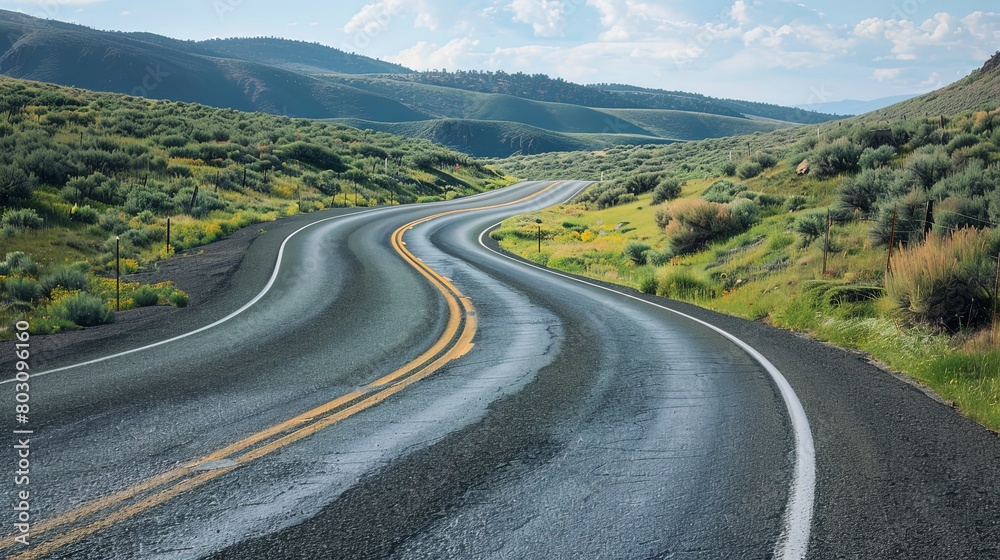 Bend in the road: A curving highway disappearing into the horizon, inviting drivers to explore its meandering path. Bend in the road: A curving highway disappearing into the horizon, inviting drivers to explore its meandering path.