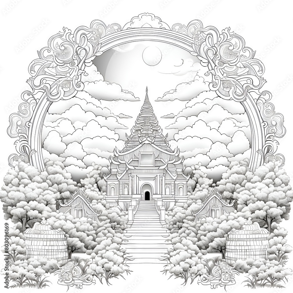 Coloring book page shows a detailed and intricate drawing of a temple or palace, with a grand staircase leading up to it surrounded by lush trees and clouds.
