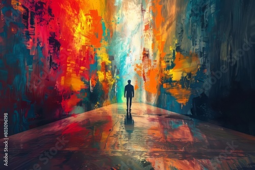 A person traveling through a canvas that he himself paints, creating a path through vibrant and creative worlds, symbolizing a path to self-expression and inspiration