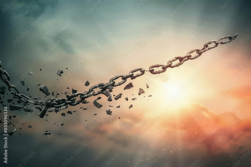 A broken chain with its pieces flying away, as a metaphor for breaking free from the bonds of depression