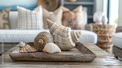 Coastal chic: Seashell-themed accessories scattered on a coffee table, elevating the coastal aesthetic of a living space.