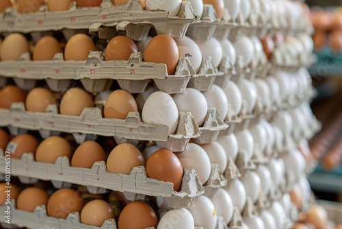 Stacked egg cartons filled with white and brown eggs on display, showcasing poultry farm produce ready for sale