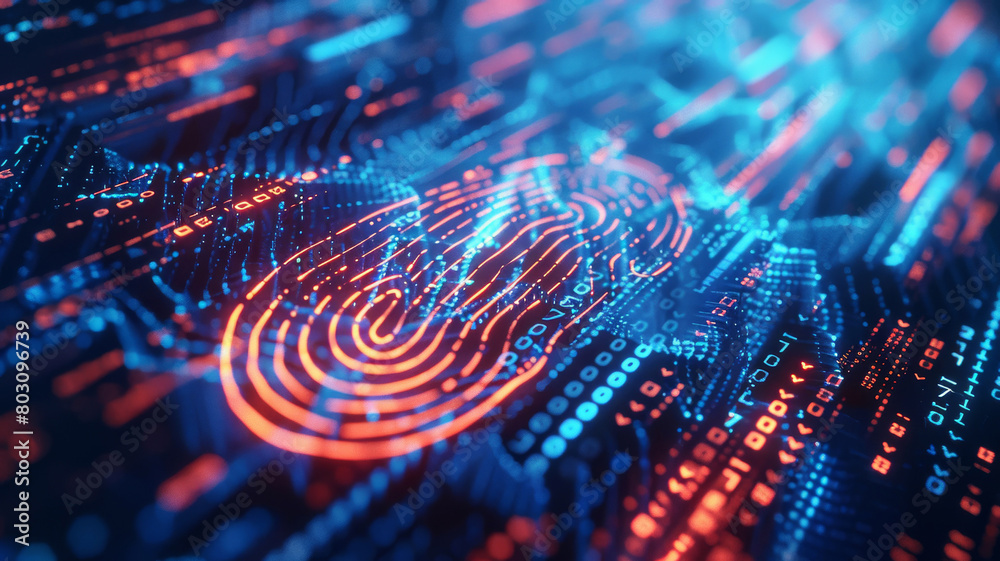 Digital Fingerprint in Blue Cyberspace. Abstract digital fingerprint pattern on a blue glowing cybernetic background. Digital Fingerprint in Blue Cyberspace. Abstract digital fingerprint pattern on a blue glowing cybernetic background.