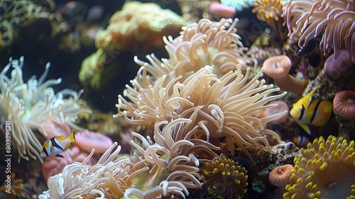 Coral Reef Diversity: Close-up of sea anemones, anemonefish, and coral polyps flourishing in a thriving marine ecosystem.