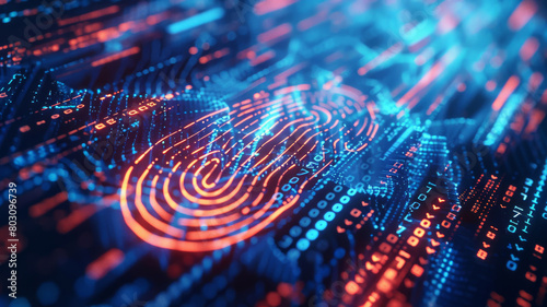 Digital Fingerprint in Blue Cyberspace. Abstract digital fingerprint pattern on a blue glowing cybernetic background.