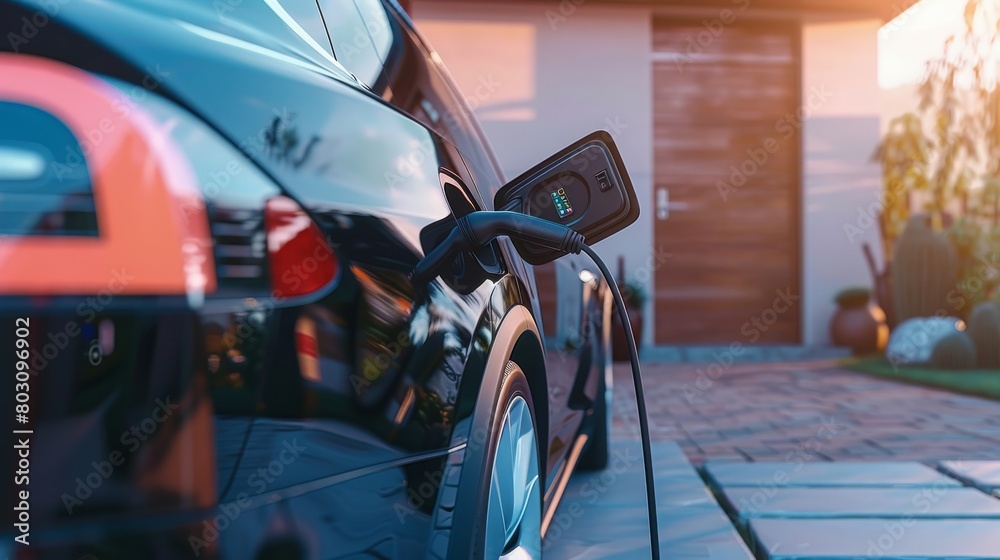 Fototapeta premium EV charging port being connected to a wall-mounted charger at home, EV car concept