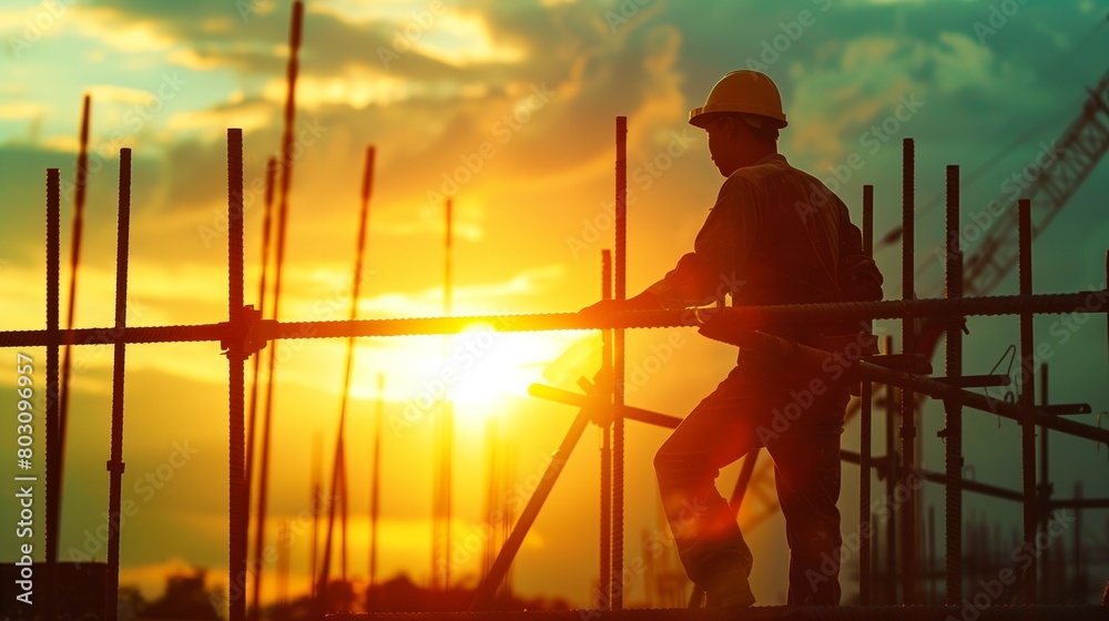 Silhouette of a construction worker on a building site at sunset with vibrant sky in the background. Silhouette of a construction worker on a building site at sunset with vibrant sky in the background.