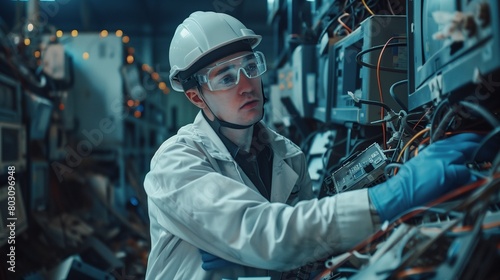 A focused young technician wearing a white hard hat and safety glasses works on complex wiring in an industrial setting.
