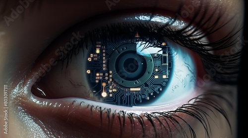 A cybernetic eye implant enhancing vision with augmented reality overlays, offering a glimpse into a world where sight knows no bounds.
