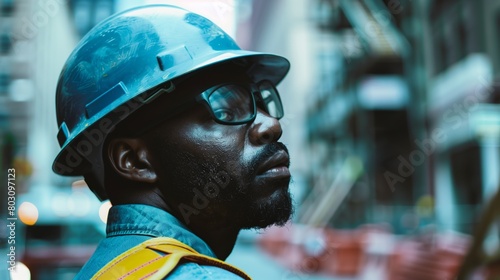 Close-up of a focused African American construction worker with safety helmet and glasses.