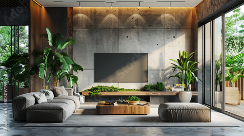 Modern TV lounge with a concrete accent wall, potted plants, and a minimalist sectional sofa