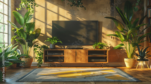 A modern TV room with a statement rug, potted peace lilies, and a minimalist TV stand with a built-in planter.