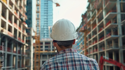 Rear view of a male construction worker watching a building site, wearing a safety helmet.