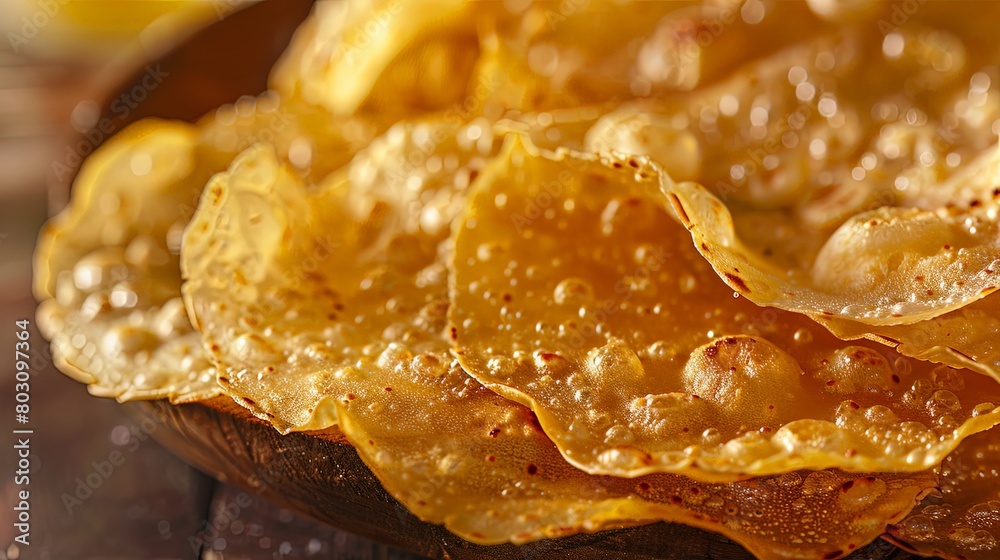 Crispy Roti Sensation: Captivating close-up of crispy roti, highlighting its golden-brown hue and inviting crunch, a culinary delight for all occasions.