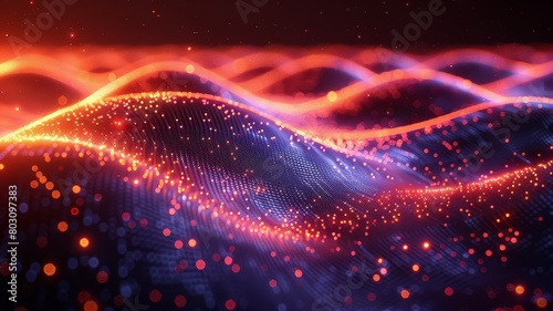 Crimson and Cobalt Data Waves. Interlacing red and blue light particles in a dark space. Ideal for concepts related to technology  data flow  and network connectivity.