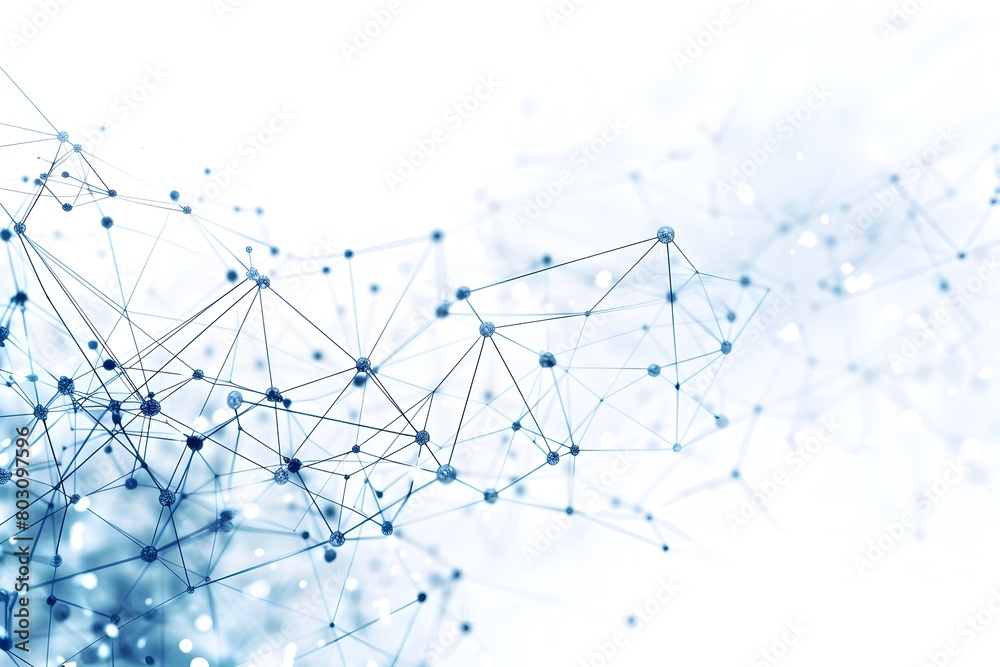 Abstract blue network background with connected dots and lines on a white background, technology concept for digital communication, National Geographic photo, cinematic shot in the style of National 