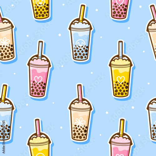 Seamless pattern with cute bubble tea drinks stickers - cartoon background for Your design