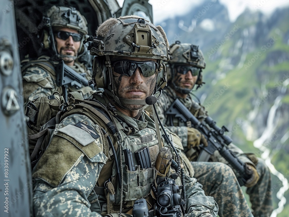 Elite soldiers seated in helicopter overlooking mountainous terrain, equipped with advanced tactical gear, representing military readiness and strategic deployment Elite soldiers seated in helicopter overlooking mountainous terrain, equipped with advanced tactical gear, representing military readiness and strategic deployment
