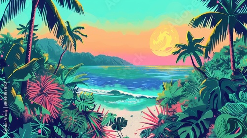 Idyllic tropical beach with vibrant sunset, lush foliage, and serene waves