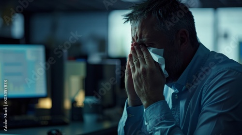 Customer service, sick or man blowing nose in call center office with hay fever sneezing or illness. Cold, contact us or sales agent with toilet paper tissue, allergy virus or flu disease at work photo