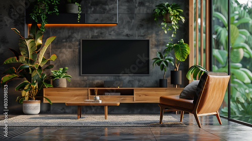 Minimalist TV lounge with a statement plant  a modern chair  and a floating TV stand
