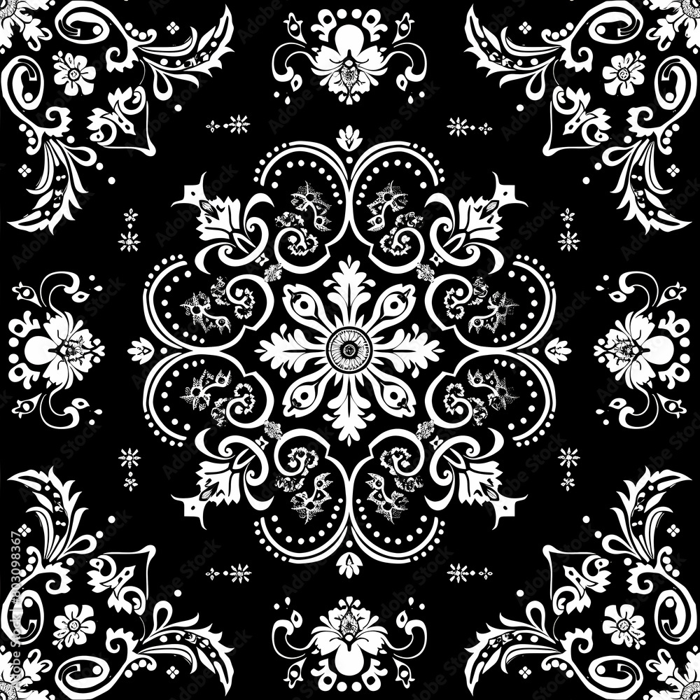 Fototapeta premium Seamless black bandana patterns vector image, Repeating black and white flower design