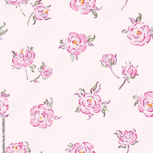 Seamless Pattern of Pink Roses. Rose Flower. Flowers and Leaves. Vintage Floral Background. Hand drawn vector illustration