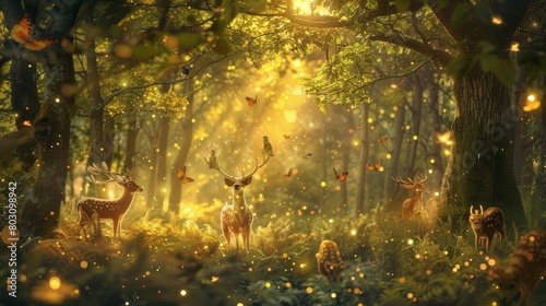 Enchanted forest scene with magical animals under a starry night sky
