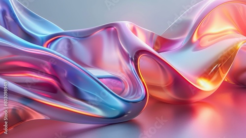 Colorful abstract fluid shape with a chrome gradient, depicting flowing liquid on a grey background. Close up view. Abstract holographic wallpaper in the style of soft light, gradient, wide angle