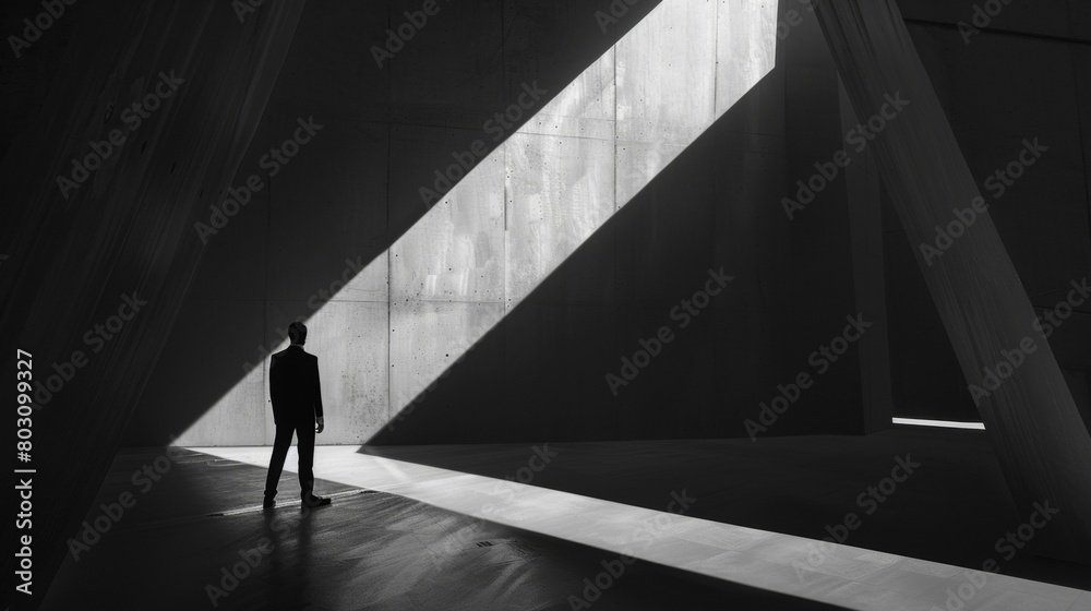 A shadow of an adult man in a suit standing on the floor with his head down, looking at the camera, the light is shining from above with a minimalistic background in the style of an illustration. 