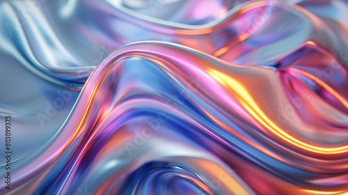 Colorful abstract fluid shape with a chrome gradient  depicting flowing liquid on a grey background. Close up view. Abstract holographic wallpaper in the style of soft light  gradient  wide angle