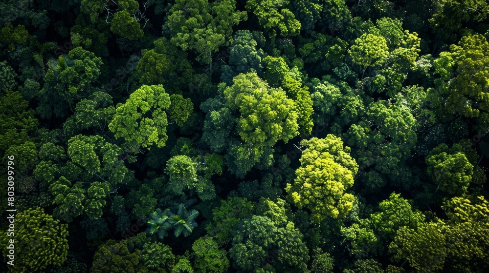 Aerial view of a lush green forest canopy, revealing the dense, vibrant foliage