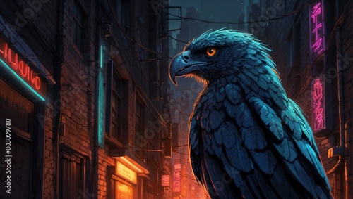 In the dimly lit interior of a deserted alley, a neon-noir venerable harpy perches stoically, her weathered features illuminated by a cruelly vibrant glow