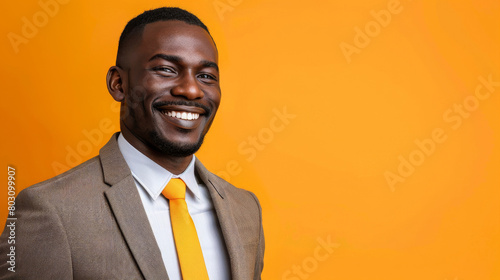 Confident businessman in a beige suit with a bright orange tie, representing success, professionalism, and corporate branding