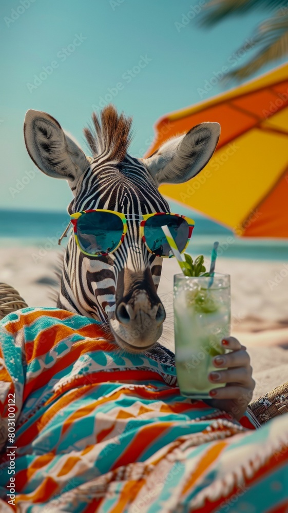 A zebra in human clothes lies on a sunbathe on the beach, on a sun lounger, under a bright sun umbrella, drinks a mojito with ice from a glass glass with a straw, smiles, summer tones, bright rich col