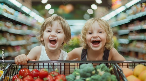 Two joyful young children laughing in a shopping cart filled with fresh produce at a grocery store.