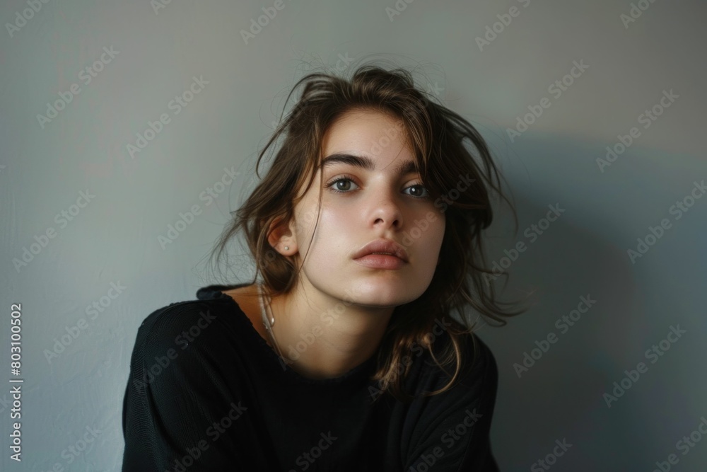 Thoughtful young woman sitting on the floor in a black shirt, looking contemplative to the side Thoughtful young woman sitting on the floor in a black shirt, looking contemplative to the side