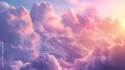 Fluffy pink clouds at sunset, ideal for tranquil backgrounds and heavenly design concepts. photo