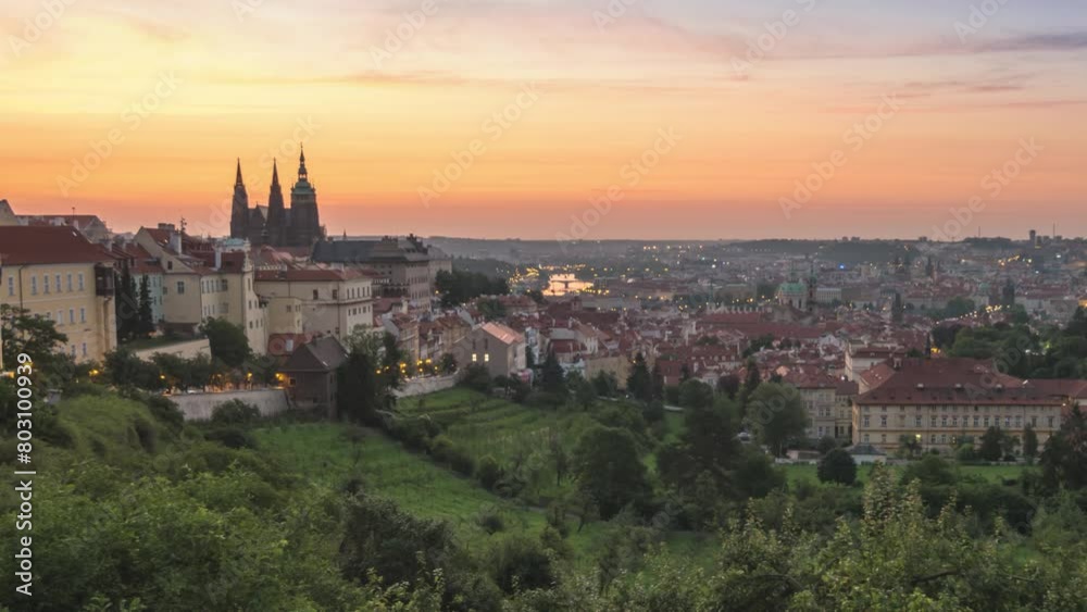 Prague Czechia Czech Republic time lapse, high angle view city skyline night to day sunrise of old town and Prague Castle Prague Czechia Czech Republic time lapse, high angle view city skyline night to day sunrise of old town and Prague Castle