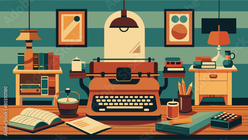 A writers sanctuary adorned with treasured typewriters from years ago reminding of simpler times.. Vector illustration
