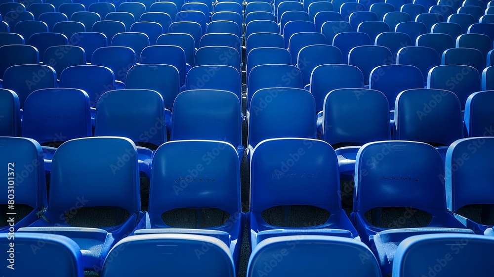 Fototapeta premium Rows of empty blue stadium seats in repetitive pattern.