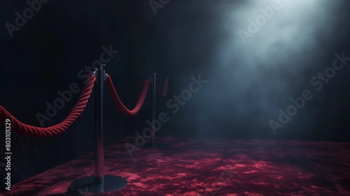 Red velvet rope barrier in a dark room with atmospheric fog. photo