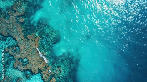 Coral reefs and turquoise waters from an aerial perspective. Copy Space.