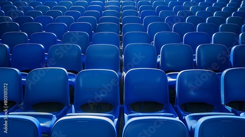 Rows of empty blue stadium seats in repetitive pattern.