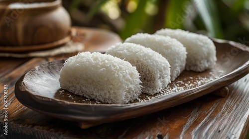Coconut rice balls with sweet jam filling on a wooden serving platter.