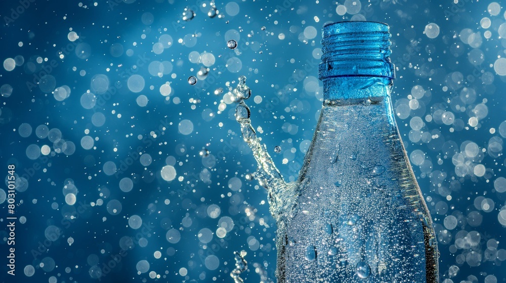 Sparkling water bottle with bubbles on blue bokeh background. Sparkling water bottle with bubbles on blue bokeh background.