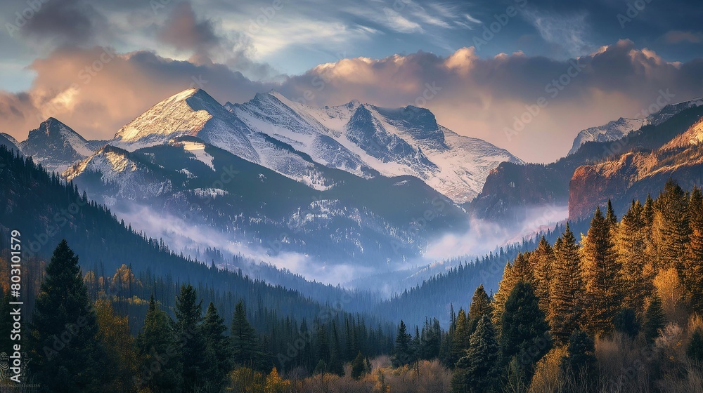 Obraz premium Sunrise over snow-capped mountain range with forested valley. Golden light on peaks.